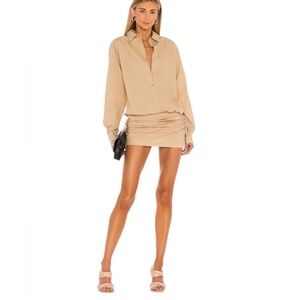 L’Academie Ruched Mini Shirt Dress Tan Neutral Bodycon Revolve M